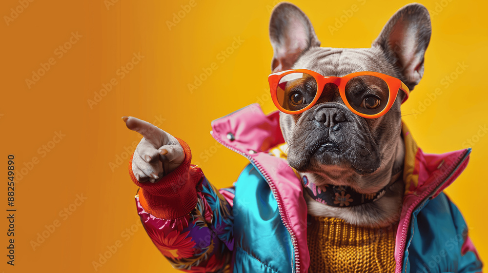 Trendy French Bulldog in Colorful Jacket and Sunglasses on Yellow Background, Full Body Portrait with Copy Space Trendy French Bulldog in Colorful Jacket and Sunglasses on Yellow Background, Full Body Portrait with Copy Space