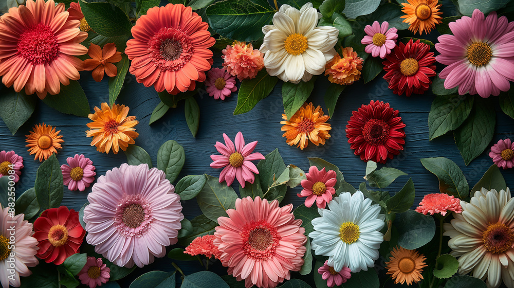 Creative layout made of flowers and leaves. Flat lay. Nature concept. Floral Greeting card. Colorful spring flower background, space for text. Nature Trendy Decorative Design. Creative layout made of flowers and leaves. Flat lay. Nature concept. Floral Greeting card. Colorful spring flower background, space for text. Nature Trendy Decorative Design.