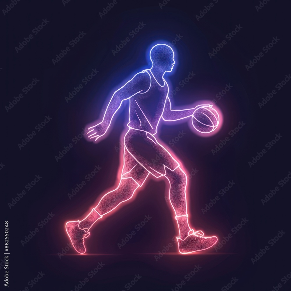 Dynamic Neon Illustration of a Basketball Player Dribbling in Pink and Blue Against a Dark Background Dynamic Neon Illustration of a Basketball Player Dribbling in Pink and Blue Against a Dark Background