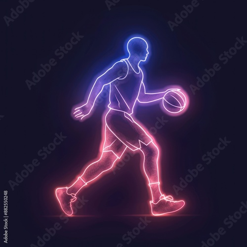 Dynamic Neon Illustration of a Basketball Player Dribbling in Pink and Blue Against a Dark Background