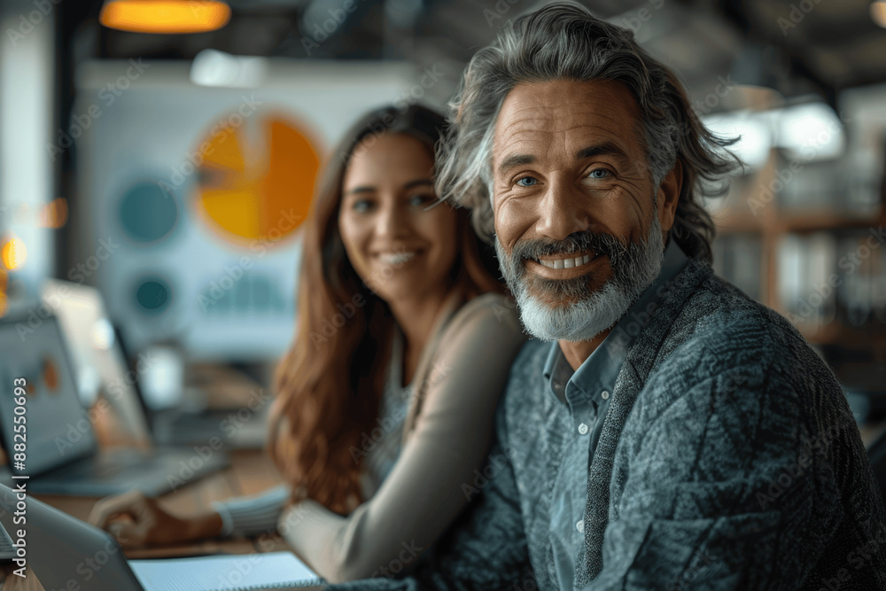 Fototapeta premium Diverse Happy Business Team Managers Collaborating on Laptop in Modern Office