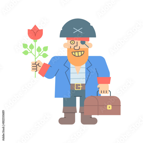 Pirate holding flower holding suitcase and smiling