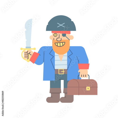 Pirate three quarters holding saber holding suitcase and smiling