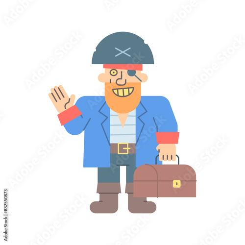 Pirate waves hand holding suitcase and smiling