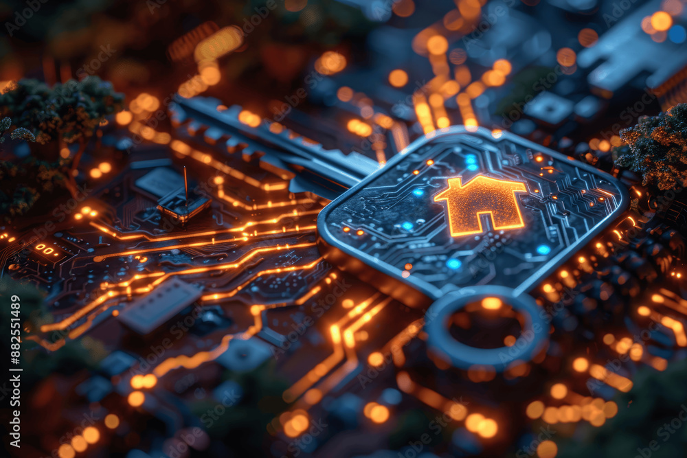 Fototapeta premium Digital Key with House Hologram on Tech Background for Smart Home Security and Property Solutions