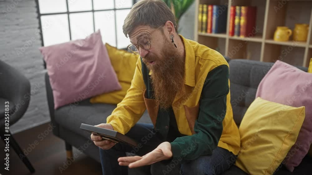 Smiling bearded man using tablet on sofa in cozy home interior Smiling bearded man using tablet on sofa in cozy home interior