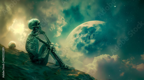 Skeleton contemplates the cosmos, evoking a sense of mystery and wonder. photo