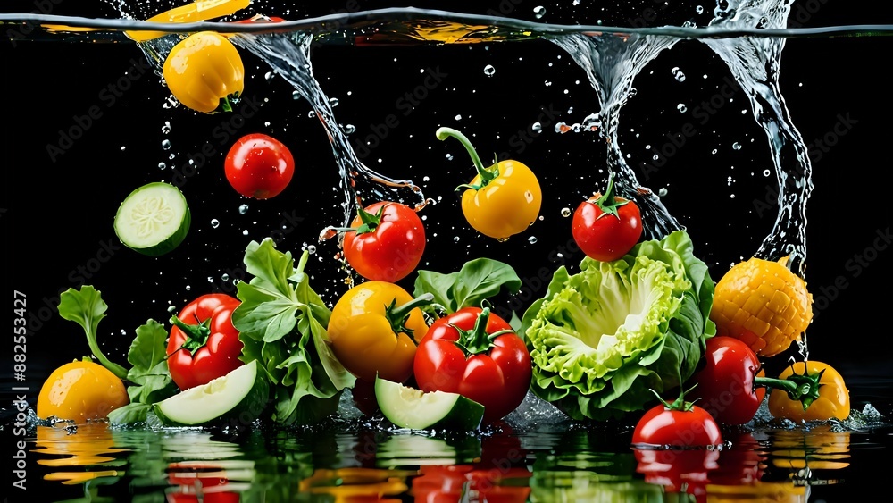 Fresh vegetables splash into water with dramatic effect. Fresh vegetables splash into water with dramatic effect.