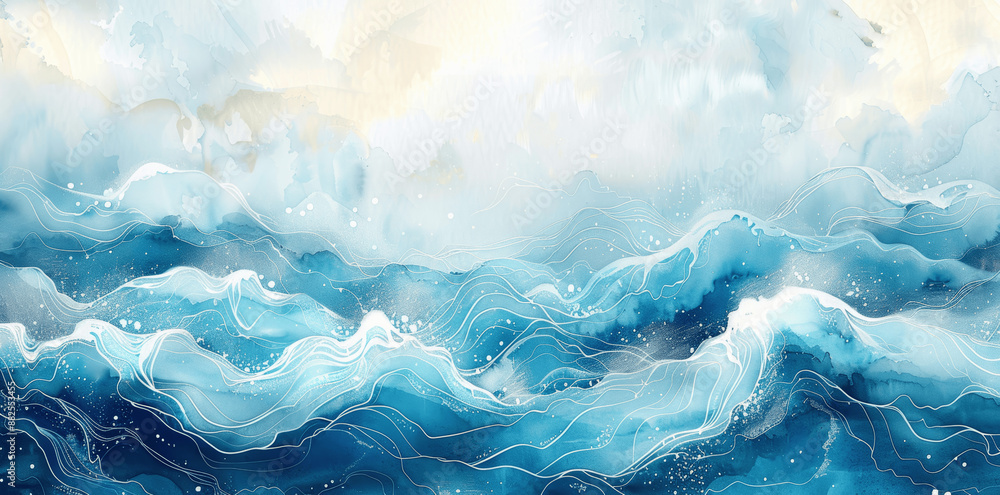 Abstract Watercolor Ocean Waves Background with Blue Turquoise Sea Wave and White Bubbles for Banner or Wallpaper Abstract Watercolor Ocean Waves Background with Blue Turquoise Sea Wave and White Bubbles for Banner or Wallpaper