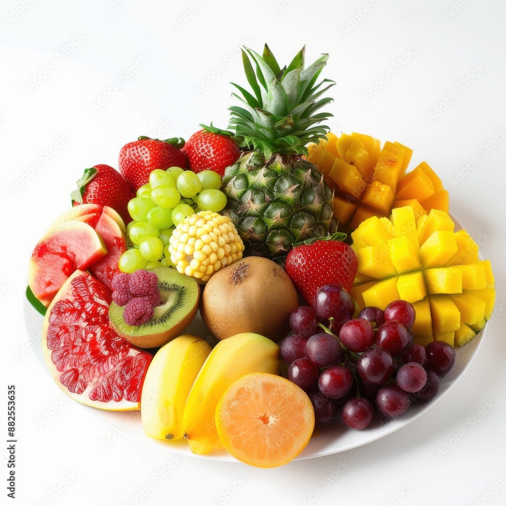 Vibrant Thai Fruit Platter Presentation on White Plate Against Clean Background Vibrant Thai Fruit Platter Presentation on White Plate Against Clean Background