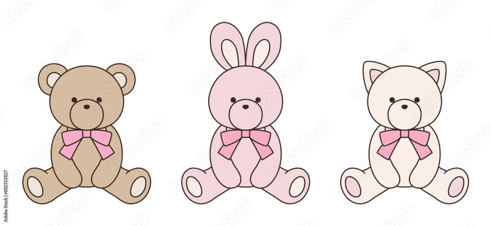 リボンをつけたかわいいくまとうさぎとねこのぬいぐるみのベクターイラストセット アイコン 動物 リボンをつけたかわいいくまとうさぎとねこのぬいぐるみのベクターイラストセット アイコン 動物