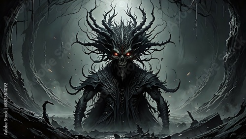 Dark fantasy creature with glowing red eyes standing in a dark forest.