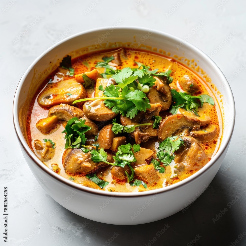 Exquisite Presentation of Traditional Thai Massaman Curry in White Bowl with Fresh Herbs on Minimalist White Background Exquisite Presentation of Traditional Thai Massaman Curry in White Bowl with Fresh Herbs on Minimalist White Background