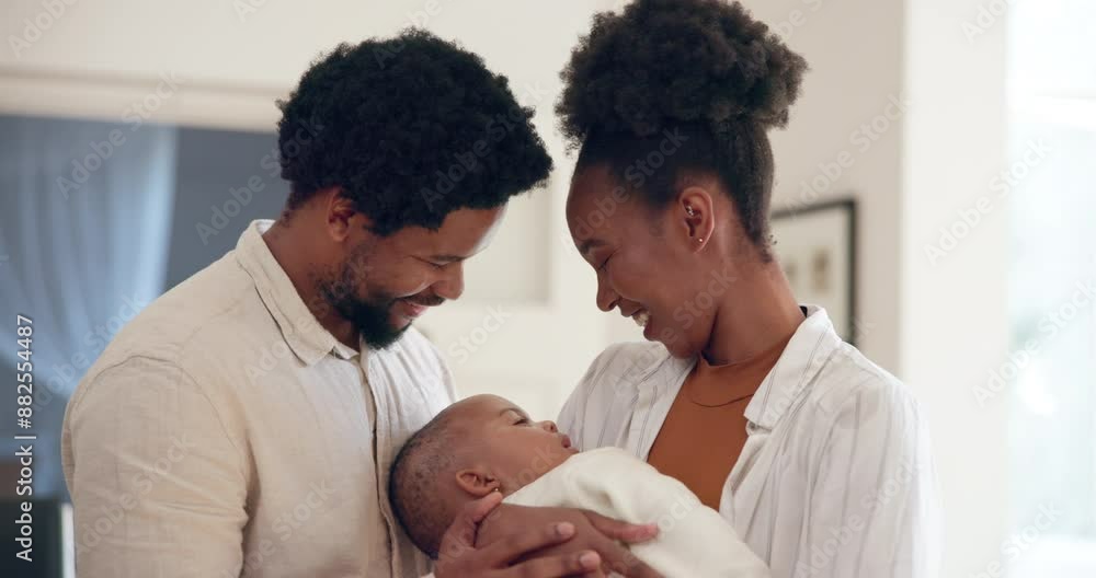 Home, black family and happy with new born baby for support, trust and care. Couple, people and relationship with sleeping child or infant for bonding, love and development with adoption as parents