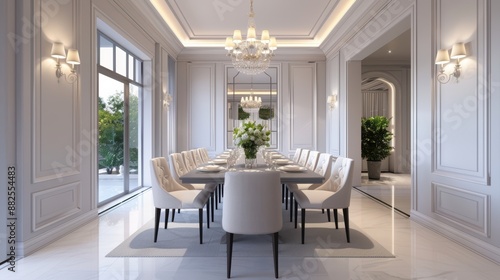 Elegant Modern Dining Room with Luxurious Chandelier and Large Windows