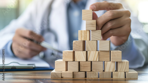 Doctor building pyramid with wooden blocks, medical concept, professional development, copy space