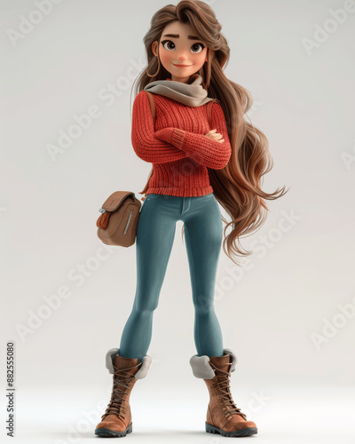 3d happy woman cartoon in red sweater and blue leggings standing confident with arms crossed photo