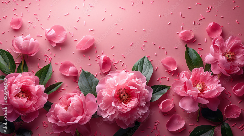 Top view photo of pink peony roses and sprinkles on isolated pastel pink background with blank space. Top view photo of pink peony roses and sprinkles on isolated pastel pink background with blank space.