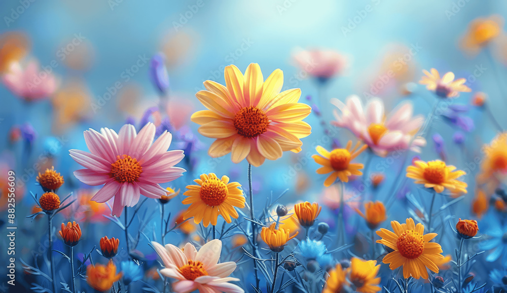 Vibrant Meadow of Wildflowers under Blue Sky with Sunbeams - Nature Background with Copy Space - Summer and Spring Floral Scene Vibrant Meadow of Wildflowers under Blue Sky with Sunbeams - Nature Background with Copy Space - Summer and Spring Floral Scene