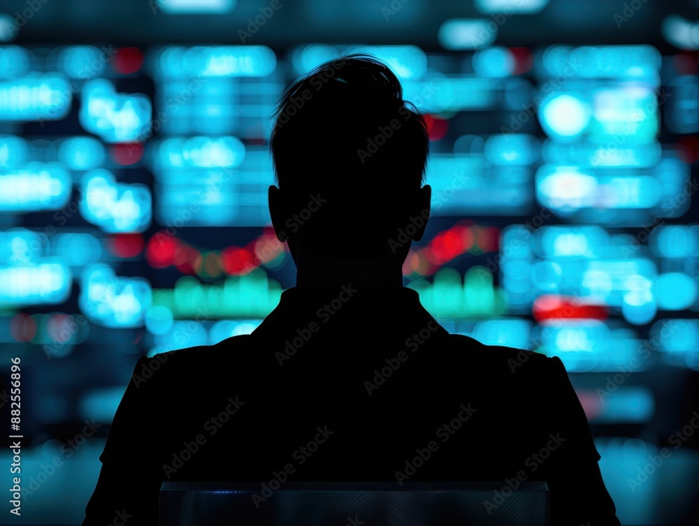 Silhouette of a man looking at multiple screens with data and analysis in a dimly lit room, representing technology and finance. Silhouette of a man looking at multiple screens with data and analysis in a dimly lit room, representing technology and finance.