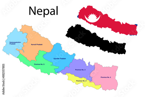 Nepal administrative divisions. Nepal flag and map illustration vector. 