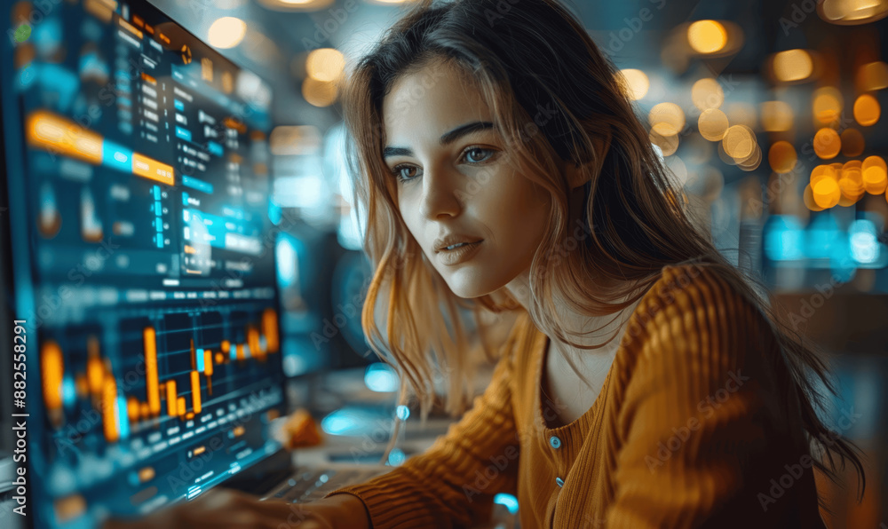 Businesswoman Analyzing Financial Data on Laptop with Virtual KPI Dashboard for Financial Management and Digital Marketing Businesswoman Analyzing Financial Data on Laptop with Virtual KPI Dashboard for Financial Management and Digital Marketing