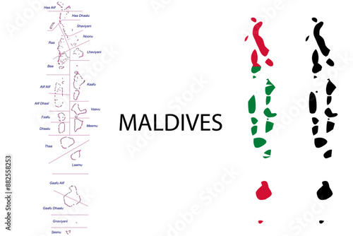 MALDIVES administrative divisions. MALDIVES flag and map illustration vector. Districts of MALDIVES