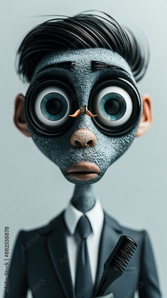 Animated character in a suit with large glasses, holding a toothbrush, displaying a comical and surprised expression, against a gray background.