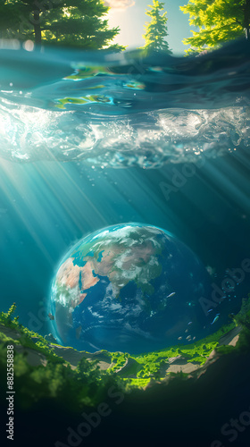 Stunning underwater view of floating Earth illuminated by sunlight, surrounded by vibrant greenery and crystal clear water. Nature concept. © Pingun