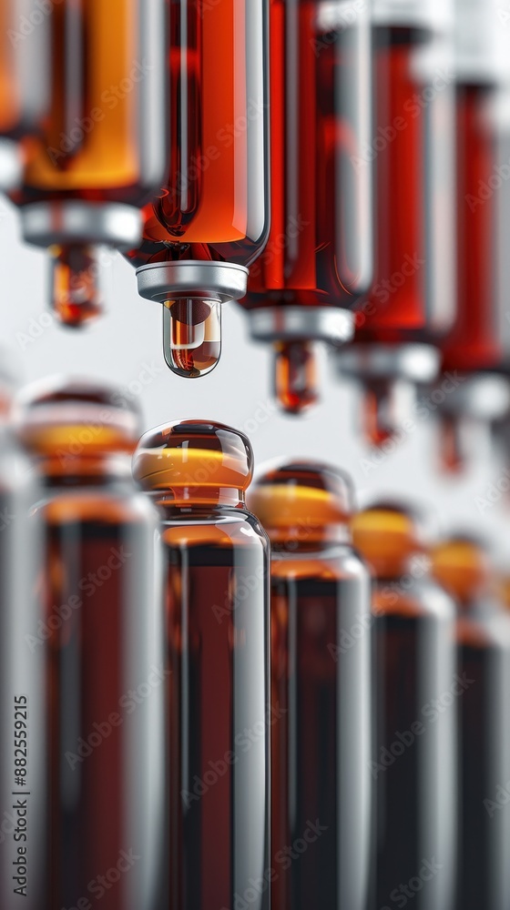 Close-up of droppers with amber liquid, perfect for pharmaceutical, medical, or scientific concepts. Selective focus on glass dropper tips. Close-up of droppers with amber liquid, perfect for pharmaceutical, medical, or scientific concepts. Selective focus on glass dropper tips.