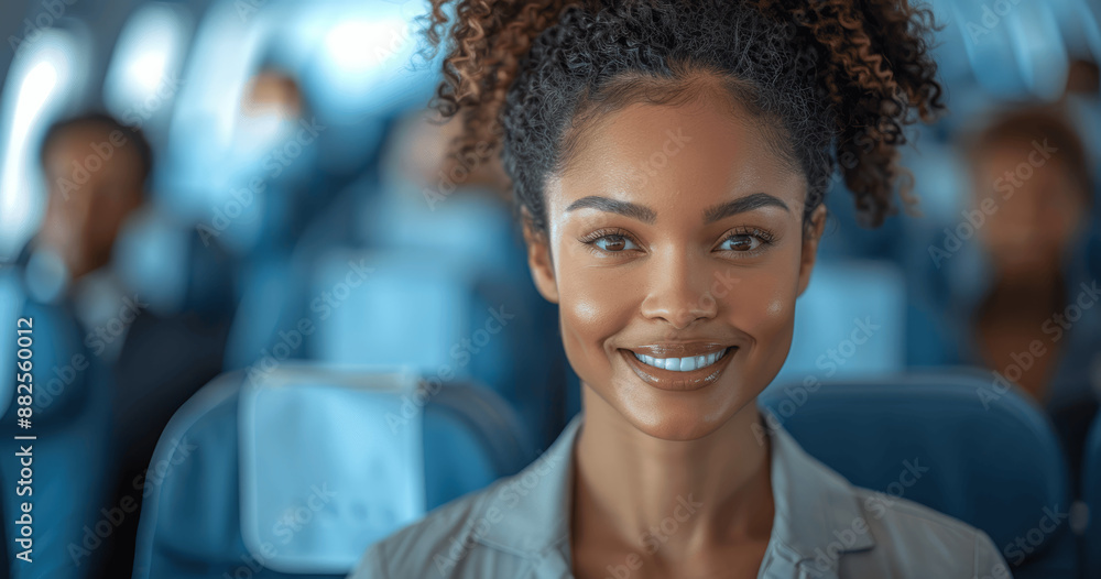 Obraz premium Smiling African American Flight Attendant in Airplane Cabin with Passengers Seated