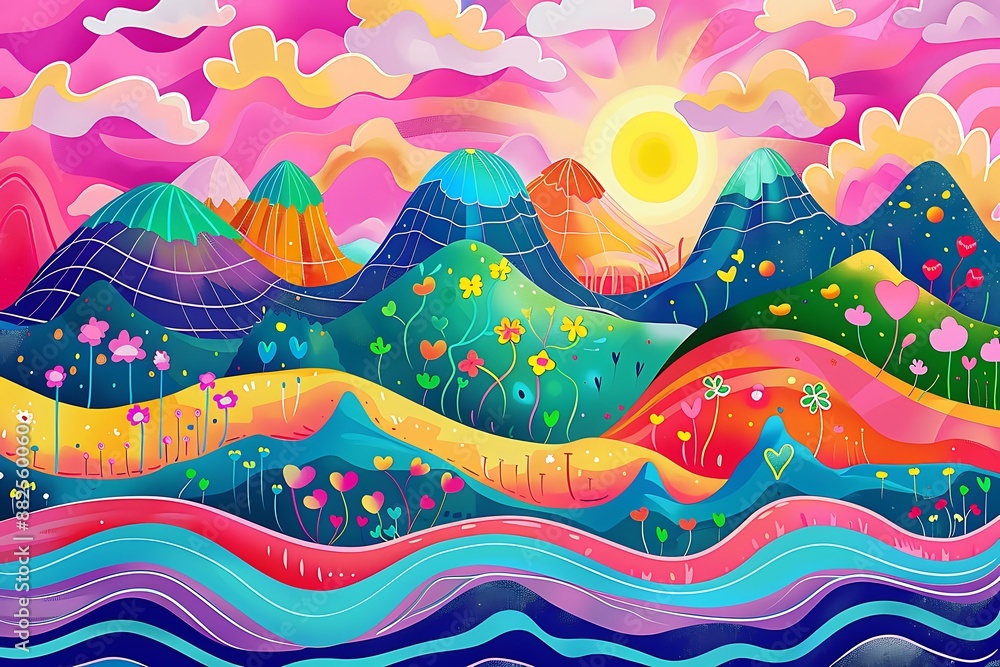 Colorful and Whimsical Digital Painting of a Mountain Landscape Colorful and Whimsical Digital Painting of a Mountain Landscape