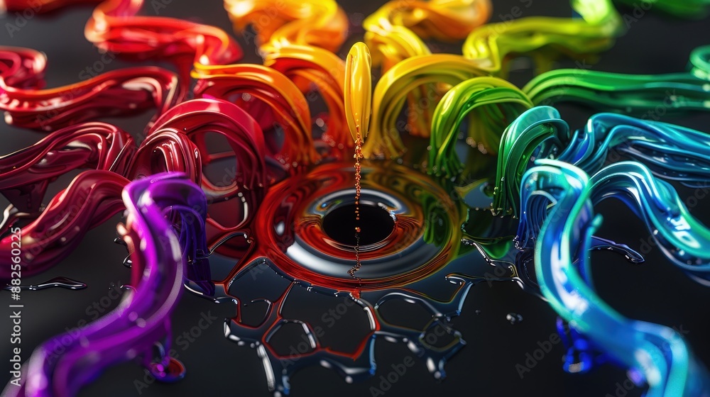 Fototapeta premium Vibrant liquid rainbow colors flowing from a central black droplet, creating an abstract explosion of hues on a dark background.
