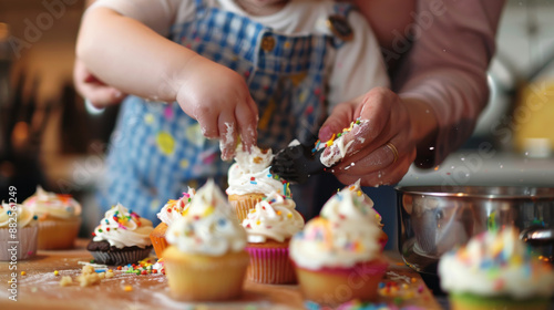A child helping their parent decorate cupcakes with icing and sprinkles, creating a fun and messy kitchen moment