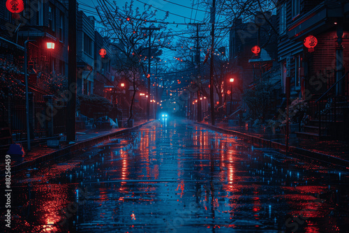 Dark rainy urban alley at night with wet streets and abandoned buildings illuminated by streetlights