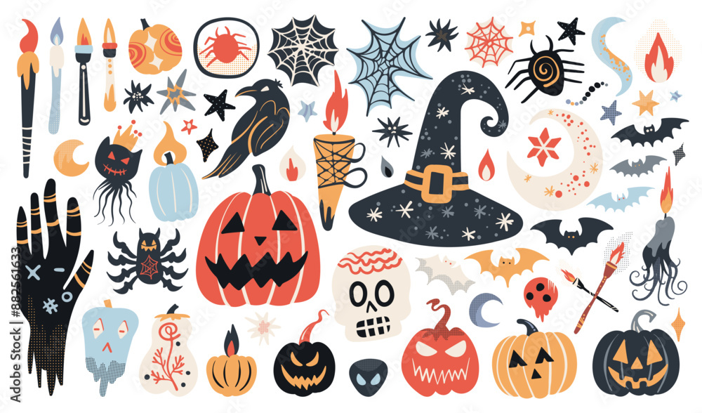Set of isolated Halloween decoration elements in doodle hand-drawn graphic vector illustration on transparent background 8. Vivid red, orange and blue color tone. Set of isolated Halloween decoration elements in doodle hand-drawn graphic vector illustration on transparent background 8. Vivid red, orange and blue color tone.