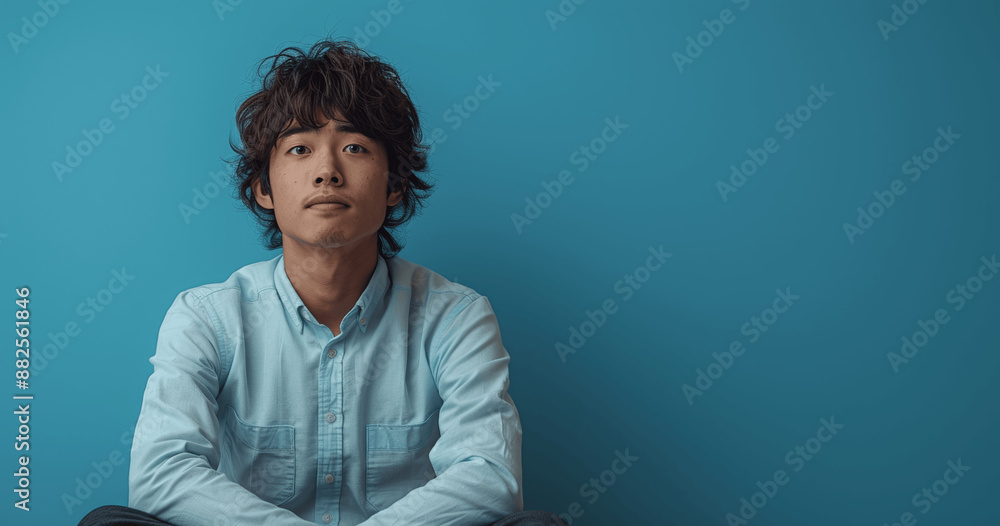Fototapeta premium Young Asian businessman in formal attire sitting on the floor looking sad and exhausted, isolated on blue background, concept for business struggles and marketing