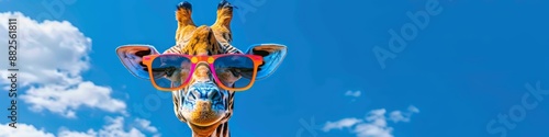 Creative Abstract Wallpaper Featuring a 3D Cartoon Colorful Giraffe Wearing Sunglasses Against a Sky with White Clouds. AI-Generated High-Quality Image for Zoo Themes, Children's Day, Tourist Attracti photo