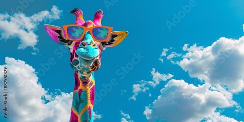 Creative Abstract Wallpaper Featuring a 3D Cartoon Colorful Giraffe Wearing Sunglasses Against a Sky with White Clouds. AI-Generated High-Quality Image for Zoo Themes, Children's Day, Tourist Attracti photo