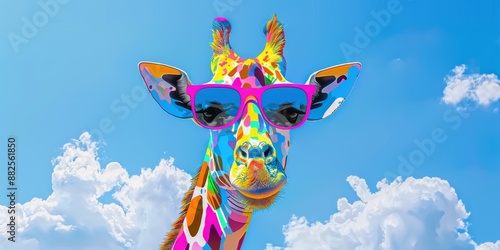 Creative Abstract Wallpaper Featuring a 3D Cartoon Colorful Giraffe Wearing Sunglasses Against a Sky with White Clouds. AI-Generated High-Quality Image for Zoo Themes, Children's Day, Tourist Attracti photo