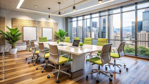 A empty office meeting room with a bright atmosphere, featuring a modern conference table, ergonomic chairs, and a whiteboard.