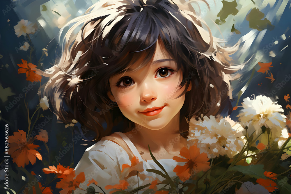 Smiling Girl in Flowers Illustration Smiling Girl in Flowers Illustration