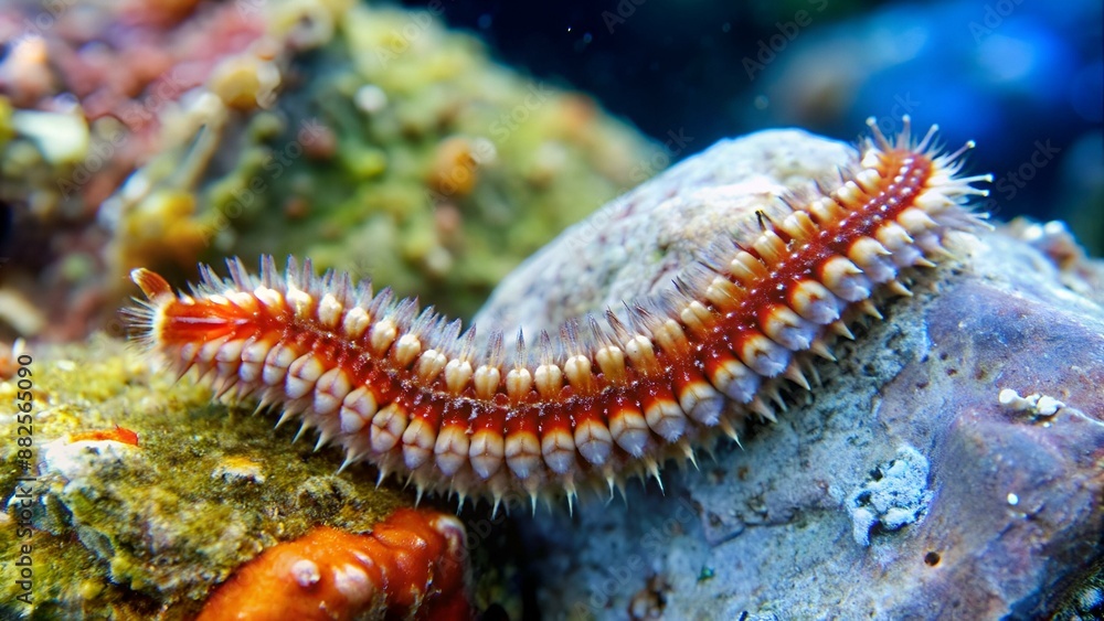 Bearded fireworm (Hermodice carunculata) crawling on the stone, medium shot.
Bearded fireworm (Hermodice carunculata) crawling on the stone, medium shot.