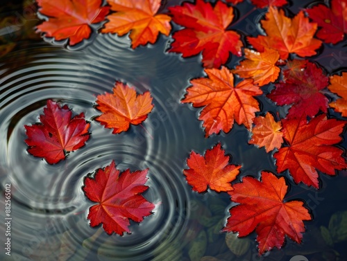 Red maple leaves falling onto water making ripples. 