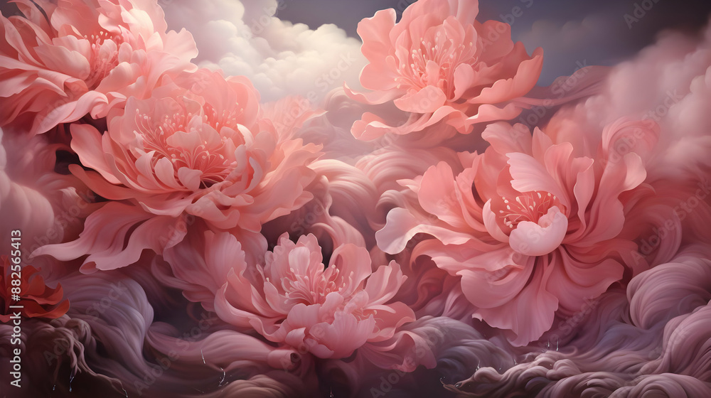 Pink Peony Flowers in Abstract Cloud Background - Illustration Pink Peony Flowers in Abstract Cloud Background - Illustration