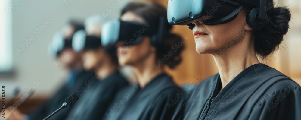 Group of judges in virtual reality conference discussing legislation, Judge and Network, VR in legal proceedings Group of judges in virtual reality conference discussing legislation, Judge and Network, VR in legal proceedings