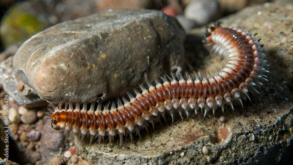 Bearded fireworm (Hermodice carunculata) crawling on the stone, medium shot.
Bearded fireworm (Hermodice carunculata) crawling on the stone, medium shot.