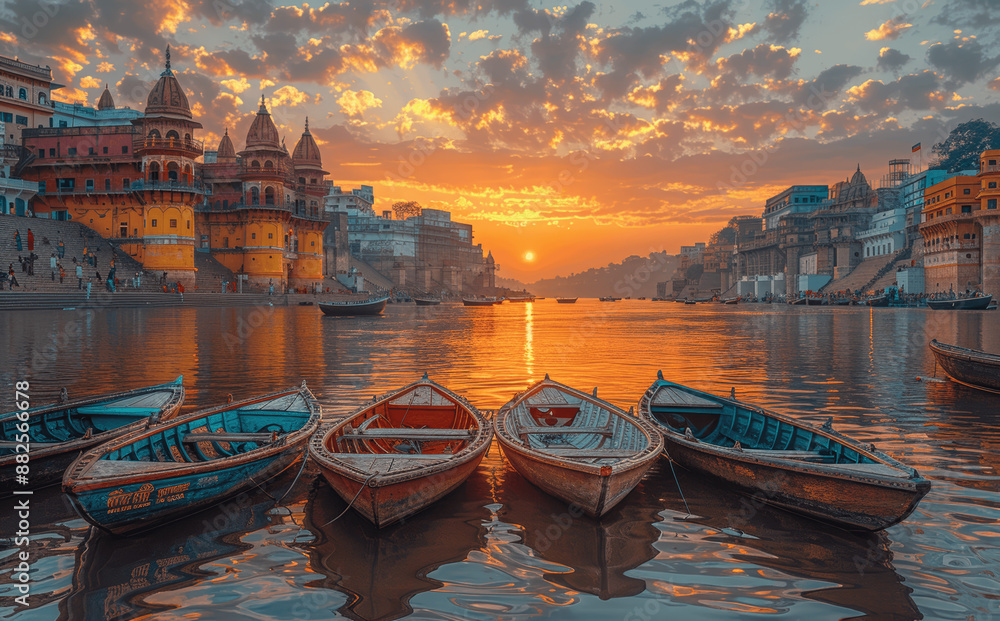 Fototapeta premium Varanasi Ganga River at Sunset Ancient Architecture and Boats Holy Manikarnika Ghat India Travel Photography