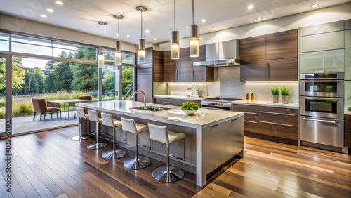 Sleek, modern, and spacious kitchen design with minimalist cabinetry, expansive countertops, and stainless steel appliances in a bright open layout.