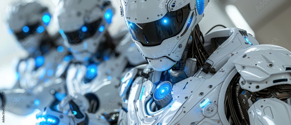 Fototapeta premium A row of futuristic robots with glowing blue lights, showcasing advanced technology and AI development in a sleek design.